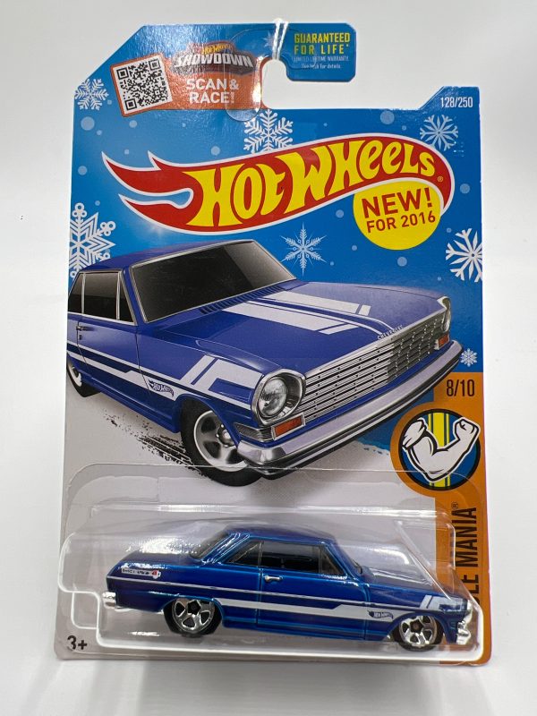 2016 Hot Wheels Muscle Mania #128 63 Chevy II Blue Target Snowflake Card 238D Hot on Sale