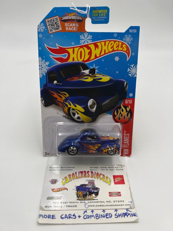 2016 Hot Wheels Flames #96 41 Willys Blue Target Snowflake Card 240C Cheap