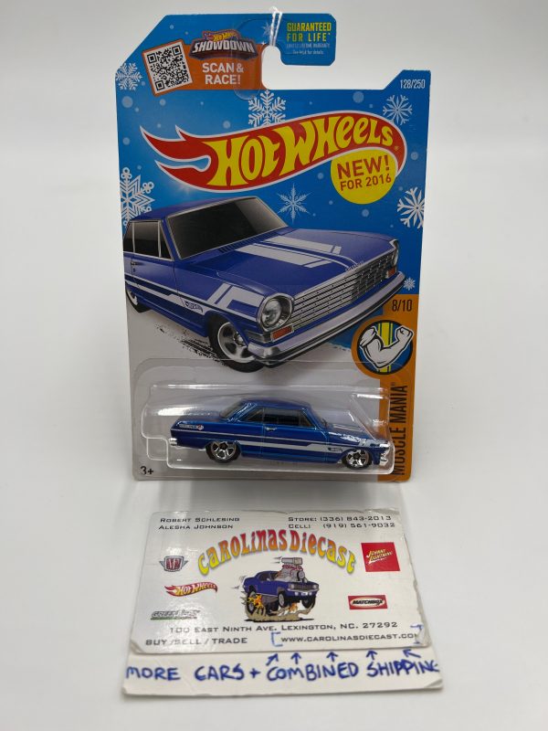 2016 Hot Wheels Muscle Mania #128 63 Chevy II Blue Target Snowflake Card 238D Hot on Sale