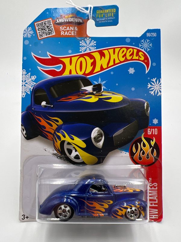 2016 Hot Wheels Flames #96 41 Willys Blue Target Snowflake Card 240C Cheap