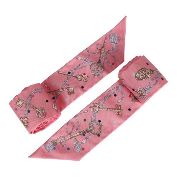 Hermes  Les Cles A Pois  Rose Silk Twilly Pair Cheap