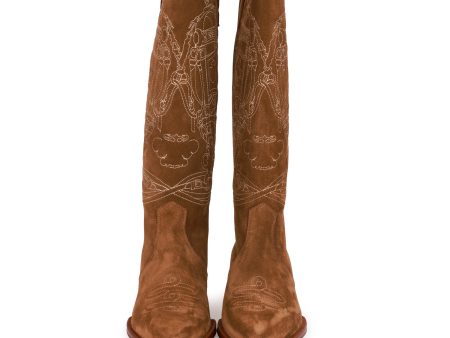 Hermes Brown Suede Calfskin  Folk 35  Cowboy Boots 36.5 Sale