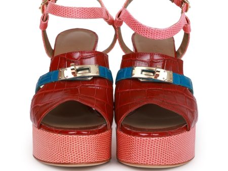 Hermes Calas High Heel Sandals Rouge H and Bleu Izmir Matte Alligator and Pink Lizard 37.5 For Cheap