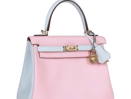 Hermes Kelly 25 Retourne Rose Sakura and Bleu Brume Swift Permabrass Hardware Supply