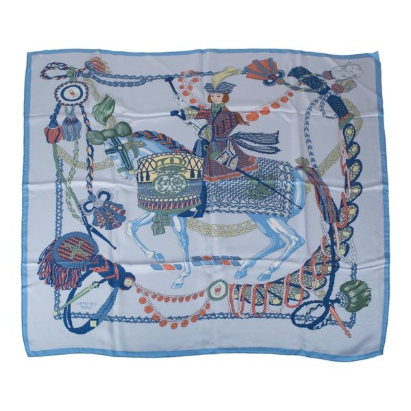 Hermes  Le Timbalier  Bleu Ciel Silk Twill Scarf 90cm For Sale