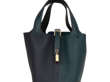 Hermes Picotin Lock 18 Casaque Vert Cypress, Bleu Nuit and Black Clemence Gold Hardware Online now