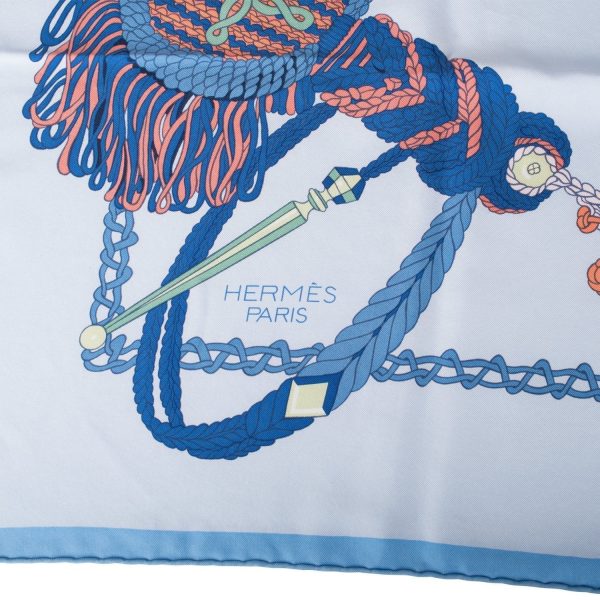 Hermes  Le Timbalier  Bleu Ciel Silk Twill Scarf 90cm For Sale