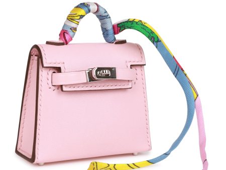 Hermes Rose Sakura Tadelakt Mini Kelly Twilly Bag Charm Palladium Hardware on Sale