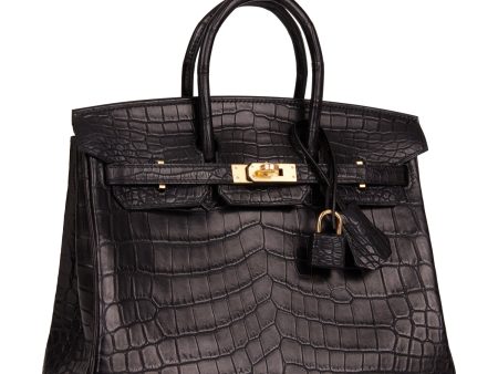 Hermes Birkin 25 Black Matte Niloticus Crocodile Gold Hardware For Sale